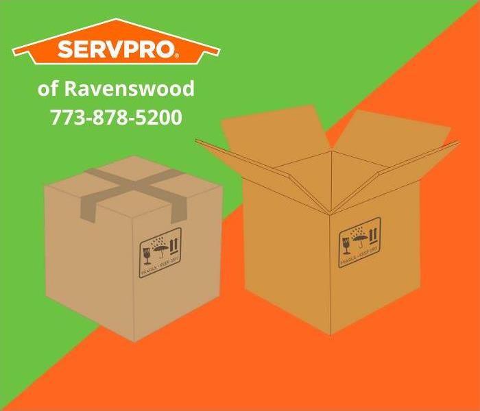 Two cardboard moving boxes with an orange and green background.